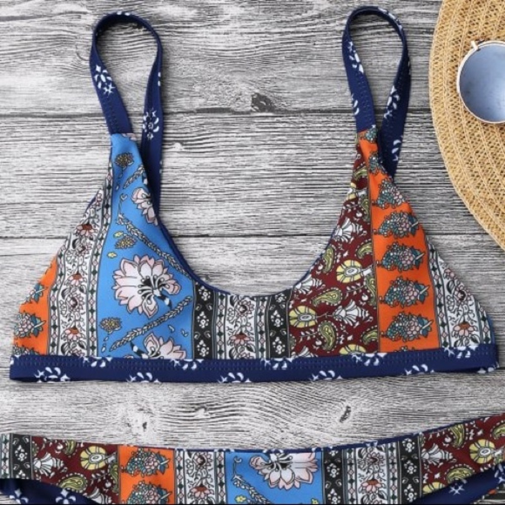 Zaful Patchwork Print Bralette Scoop Bikini Top